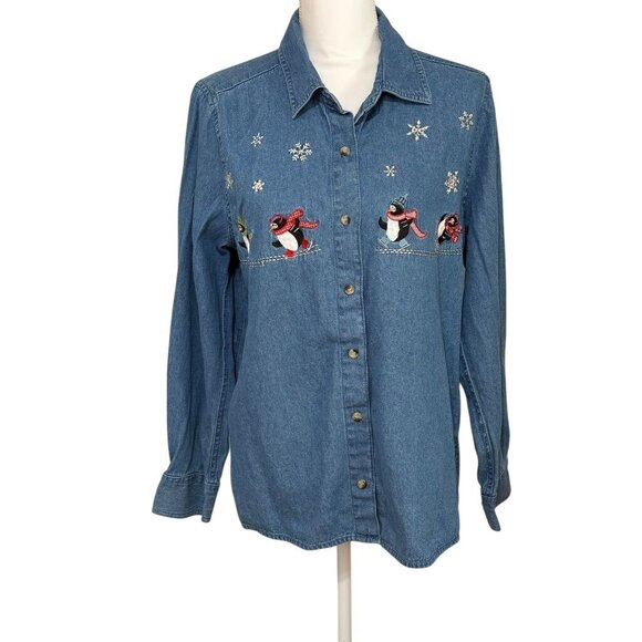 Blue Jean Holiday Snowflake Penguin Button Front LS Top Size Large 12/14 - Picture 1 of 3
